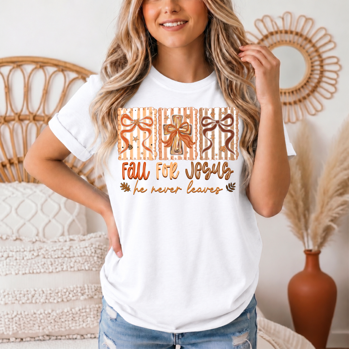 Fall for Jesus He Never Leaves Christian Graphic Tee