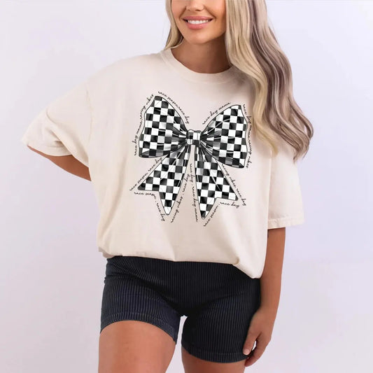 Checkered Bow Shirt | Race Day Checkered Bow Graphic Tee K's Krafty Barn