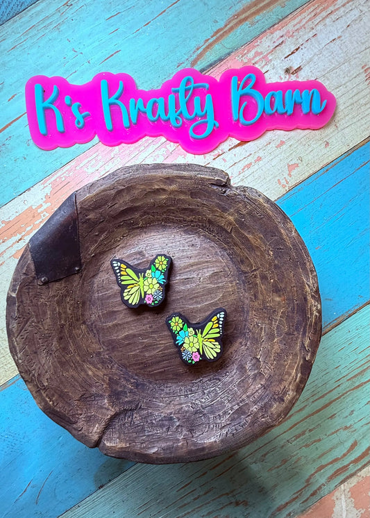 Silicone Focal Bead- Green floral butterfly K's Krafty Barn