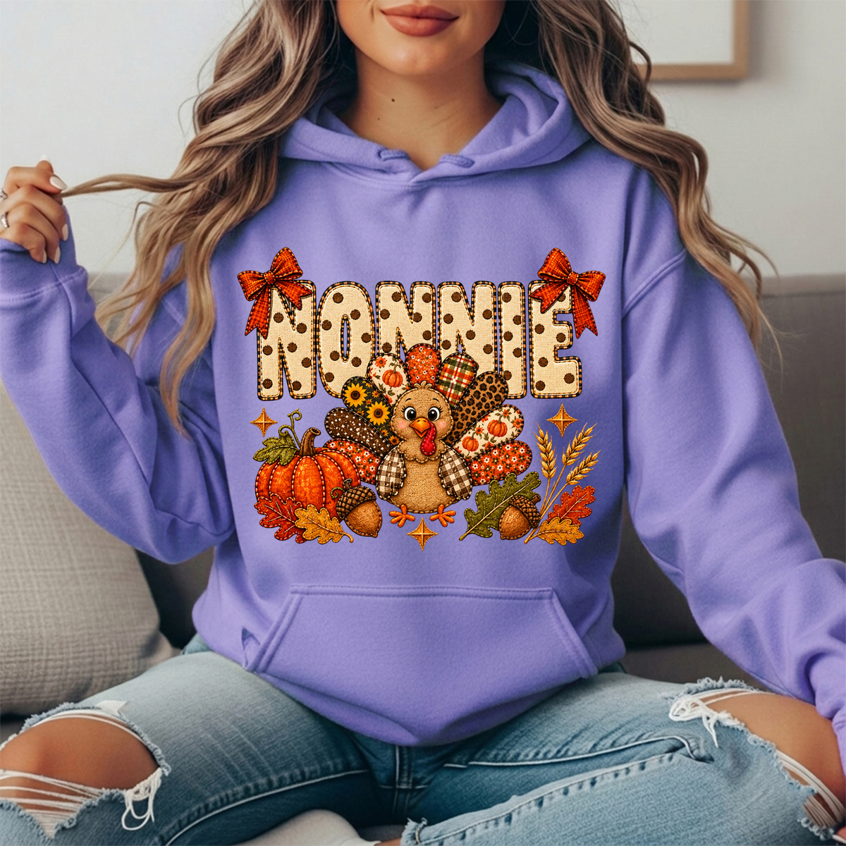 Nonnie Thanksgiving Patchwork Turkey Bow Graphic Hoodie