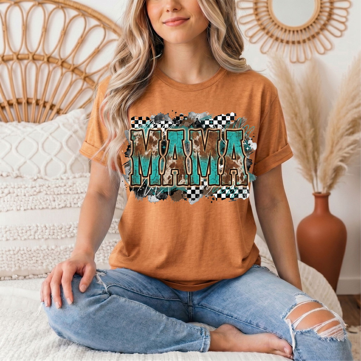 Turquoise & Cow Print Mama Western Graphic Tee