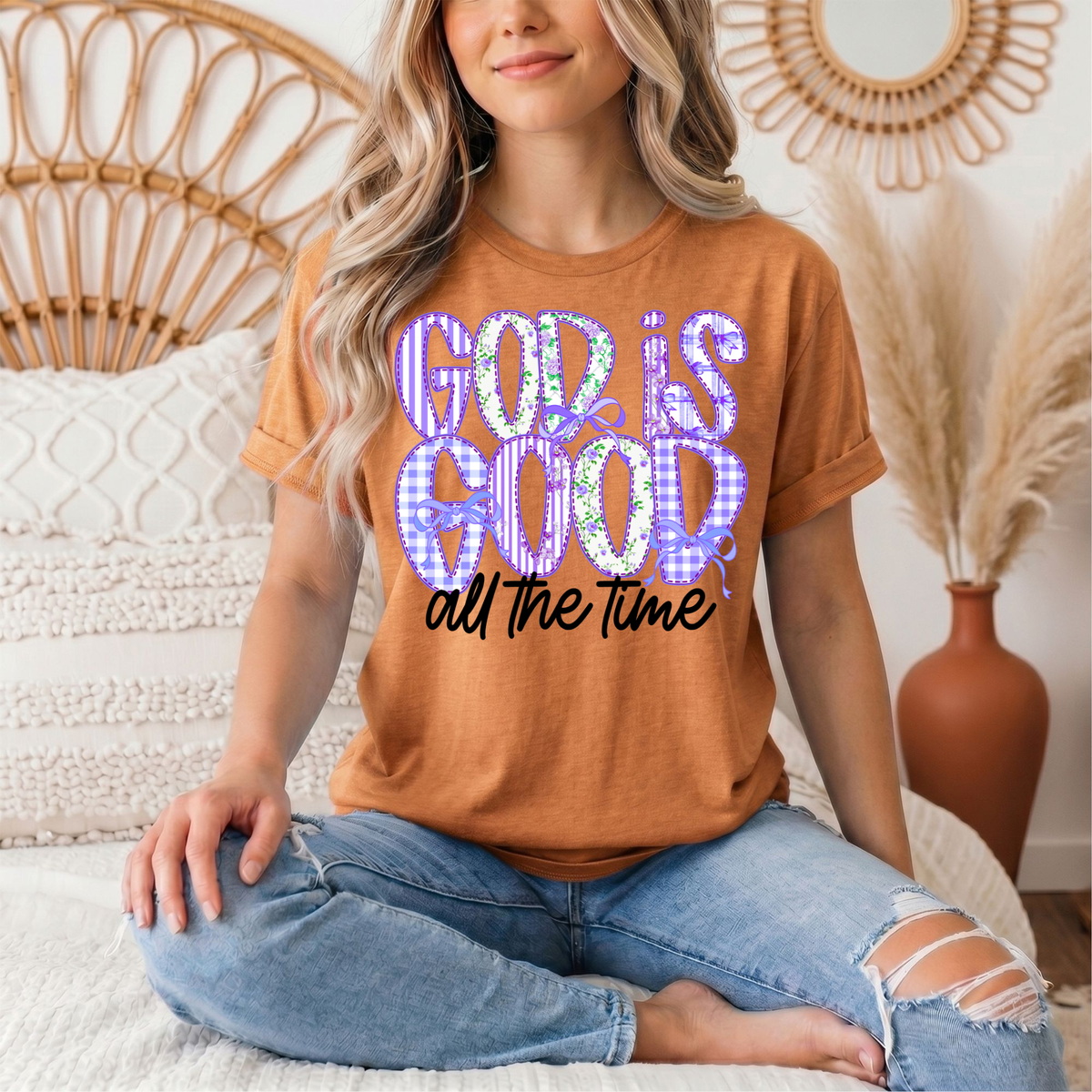 God Is Good All the Time Purple Bow Graphic Tee
