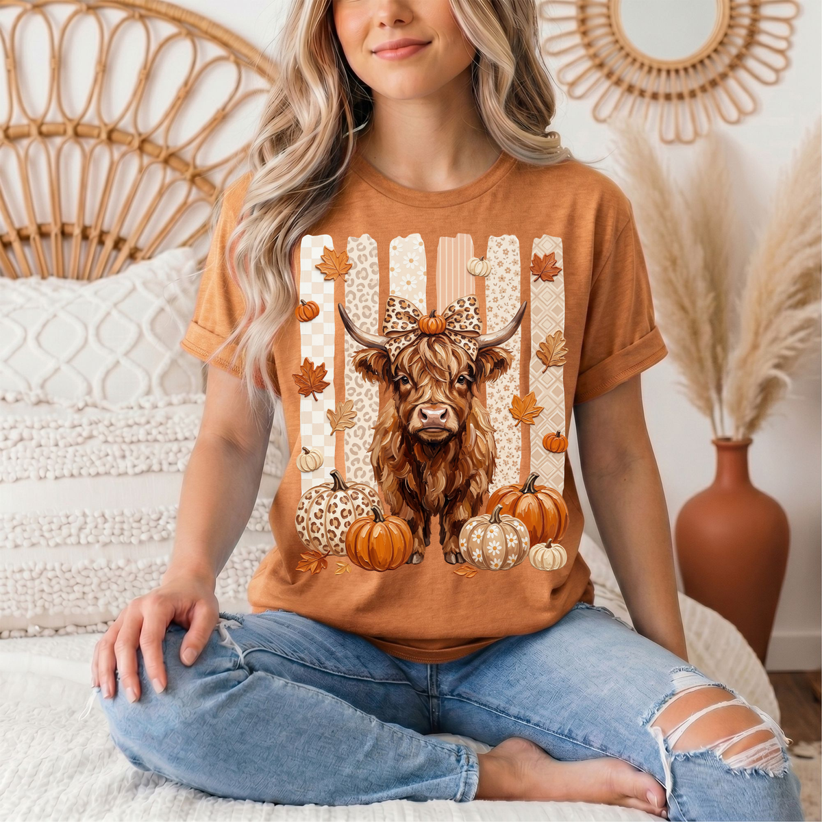 Fall Highland Cow Leopard Bow & Pumpkin Graphic Tee