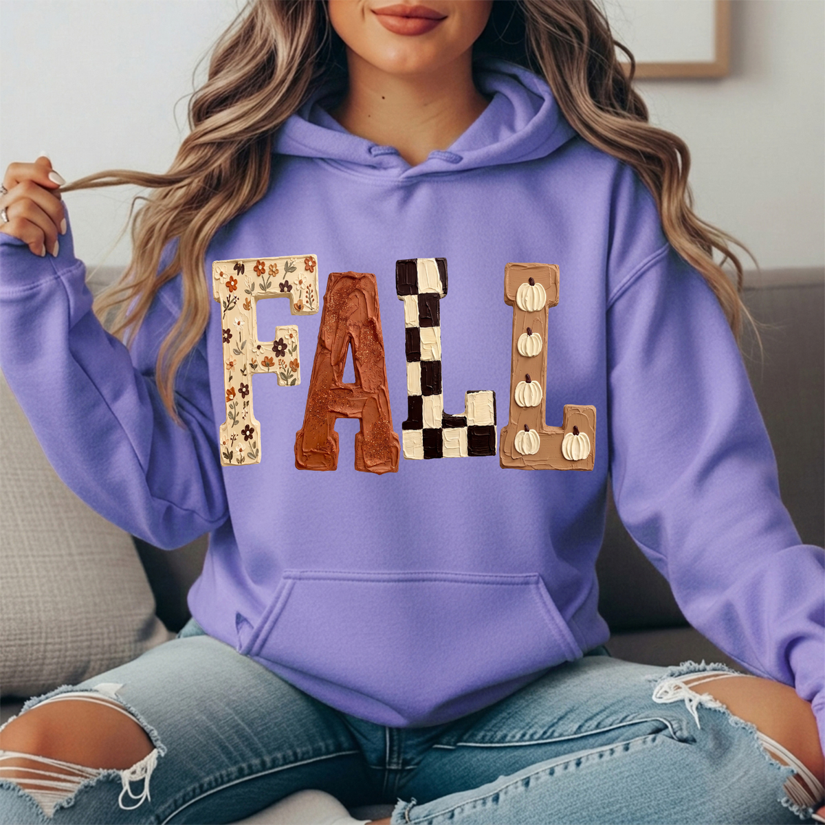 Fall Floral Checkerboard Pumpkin Lettering Graphic Hoodie