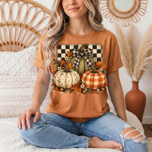 Rustic Fall Pumpkin Trio & Gingham Bow Graphic Tee