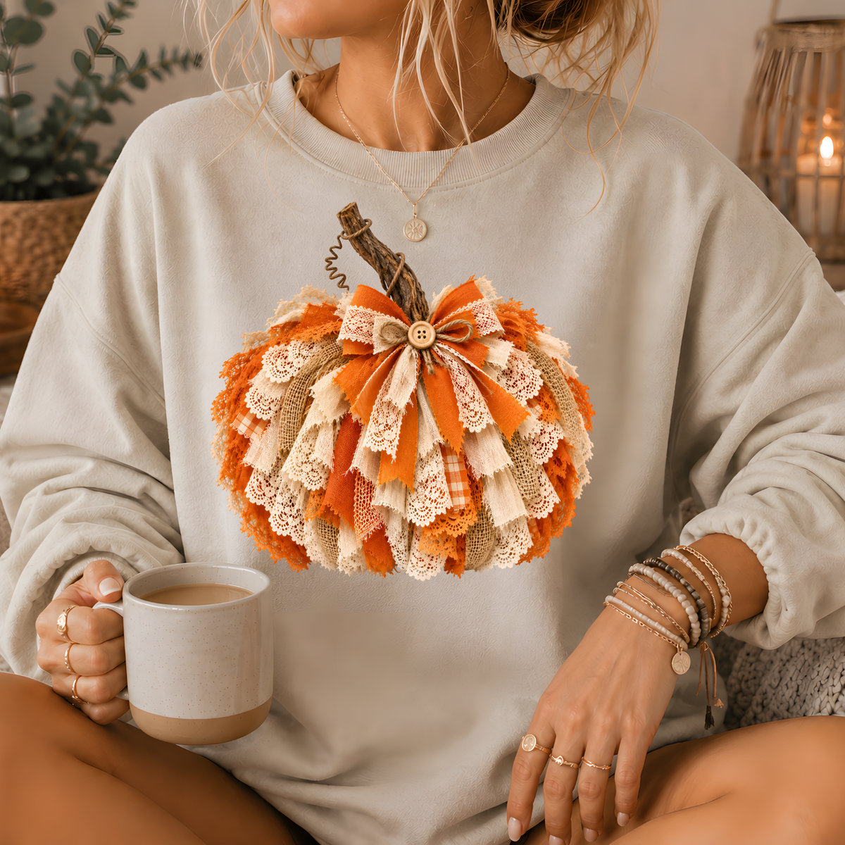 Rustic Lace & Burlap Pumpkin Graphic Crewneck Sweatshirt
