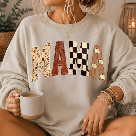 Mama Fall Patchwork Print Crewneck Sweatshirt