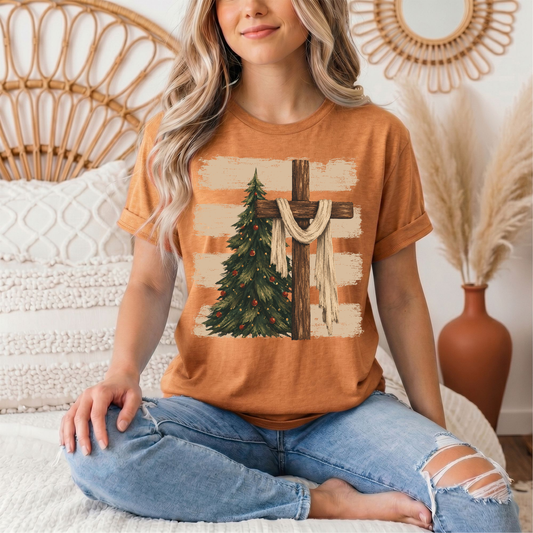 Rustic Cross & Christmas Tree Christian Graphic Tee