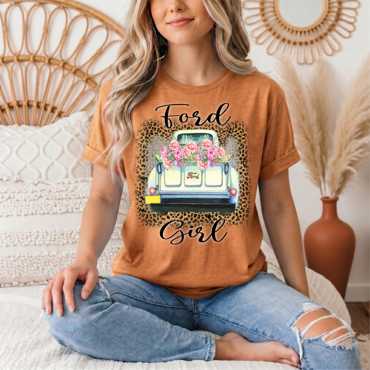 Ford Girl Floral Vintage Truck & Leopard Graphic Tee