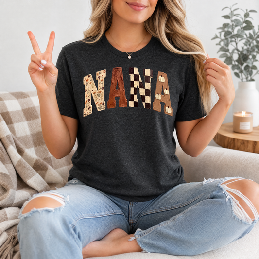 Fall Nana Floral, Checkerboard & Pumpkin Graphic Tee