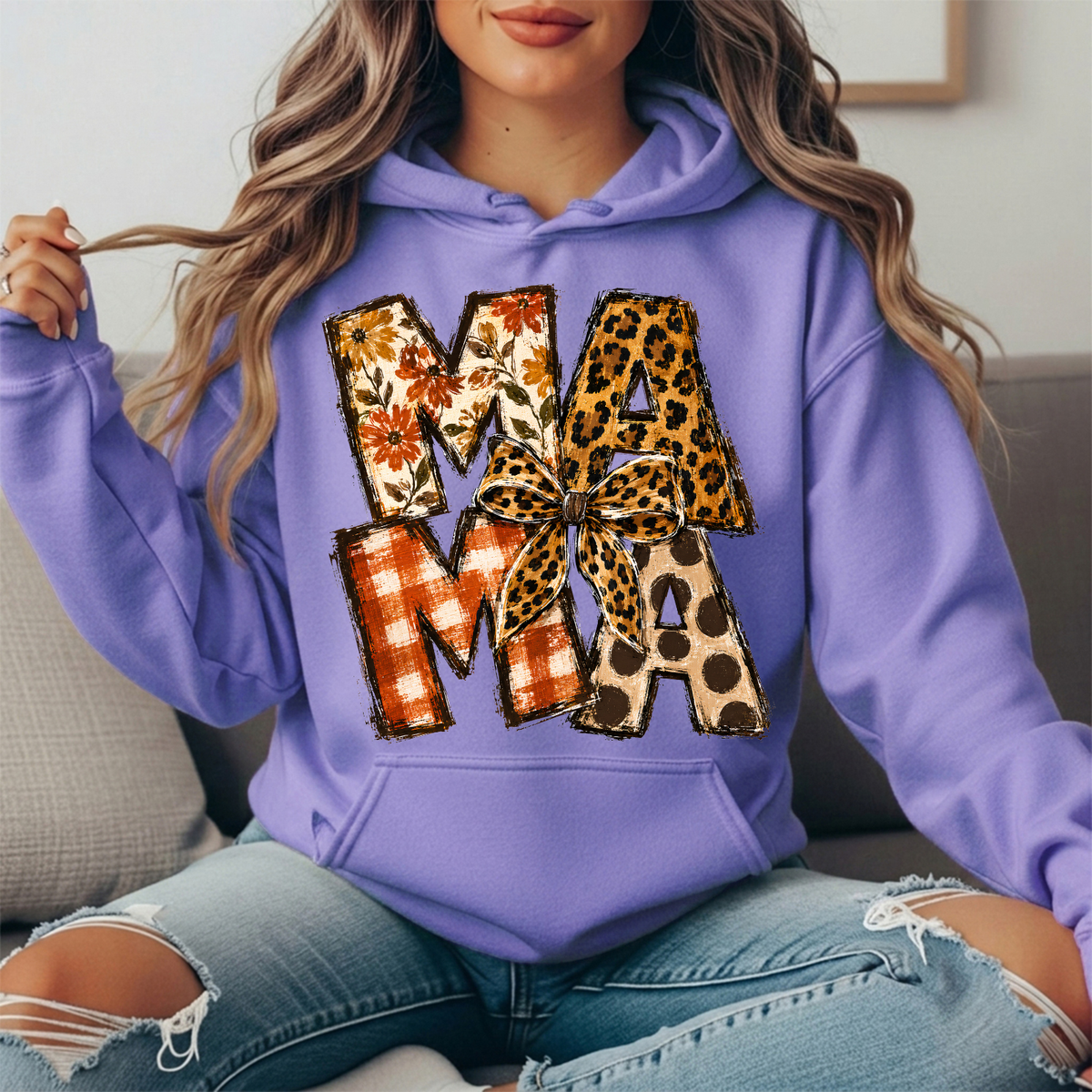 Mama Fall Patchwork & Leopard Bow Graphic Hoodie