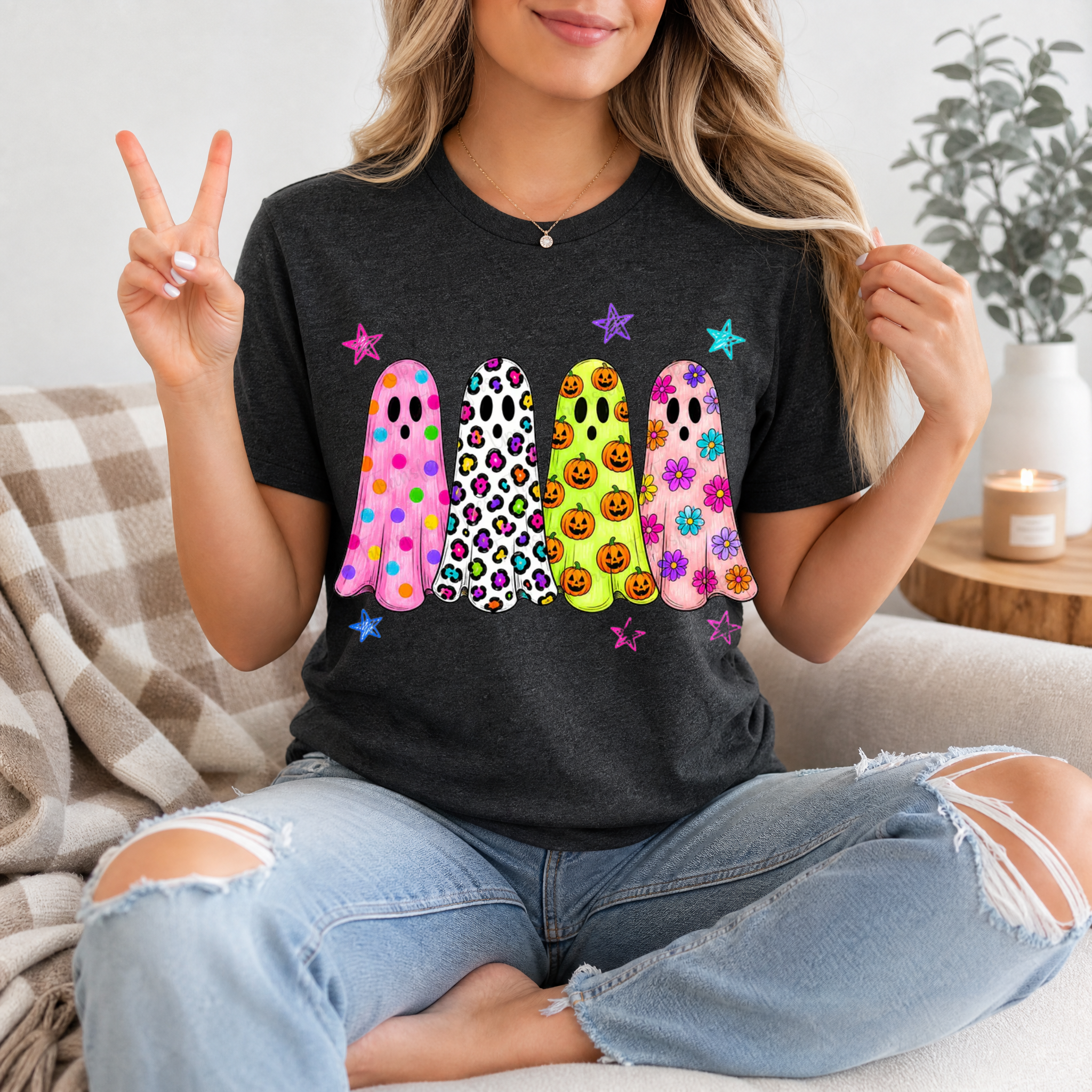 Neon Trendy Patterned Ghost Premium Graphic Tee