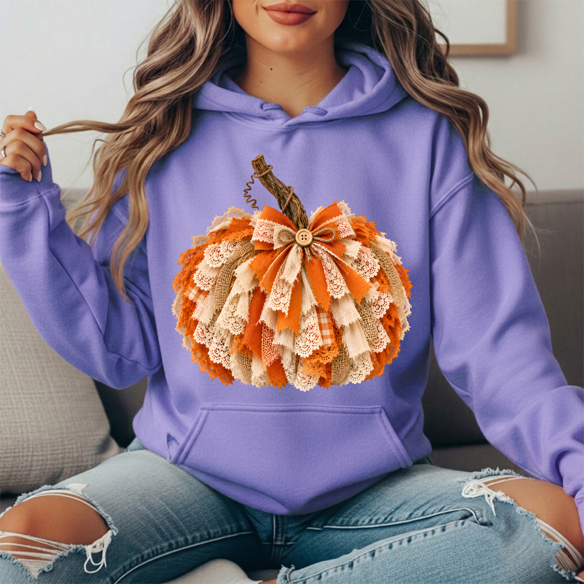 Rustic Lace & Burlap Pumpkin Graphic Hoodie