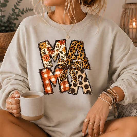 Mama Mixed Print Bow Crewneck Sweatshirt
