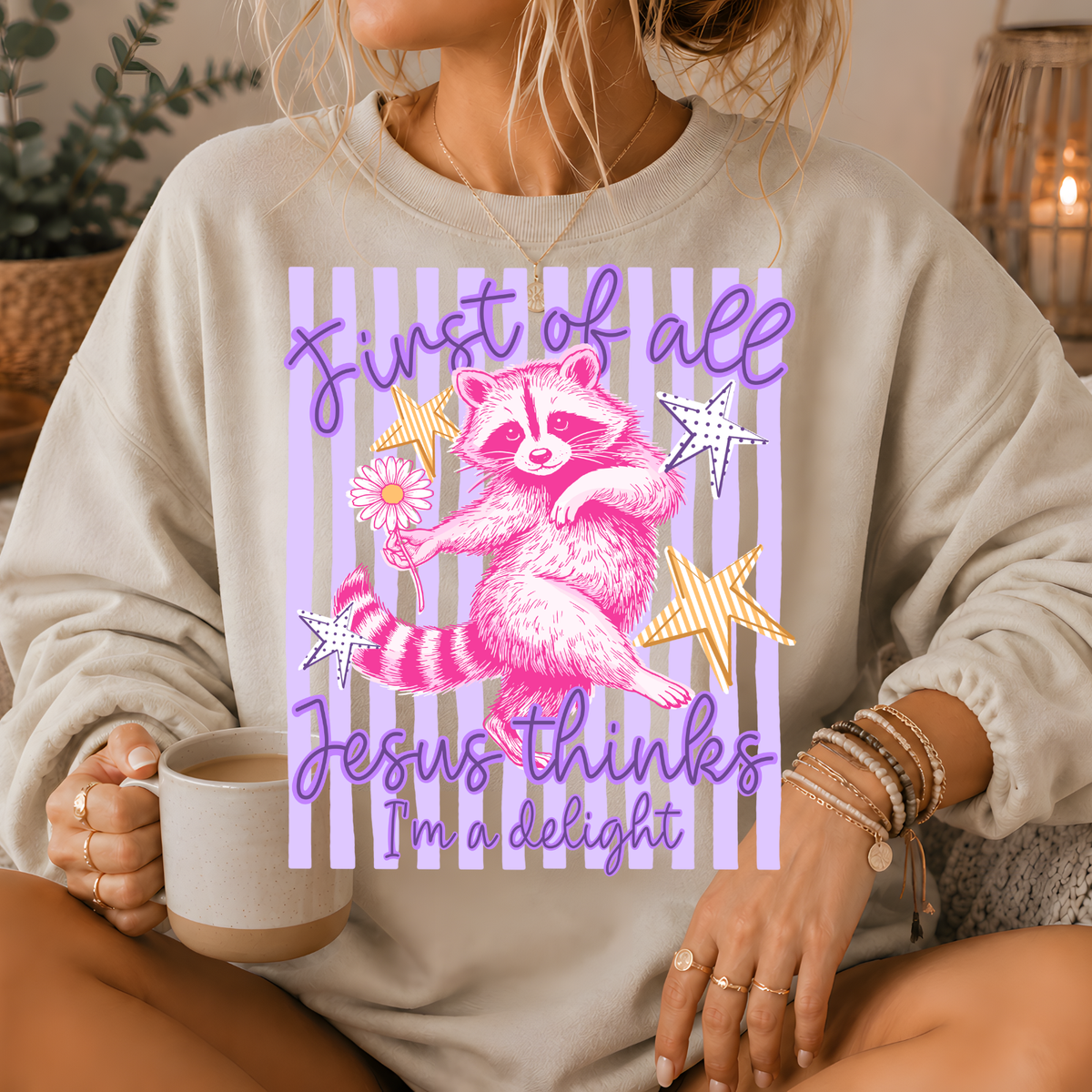 Jesus Thinks I'm a Delight Raccoon Crewneck Sweatshirt