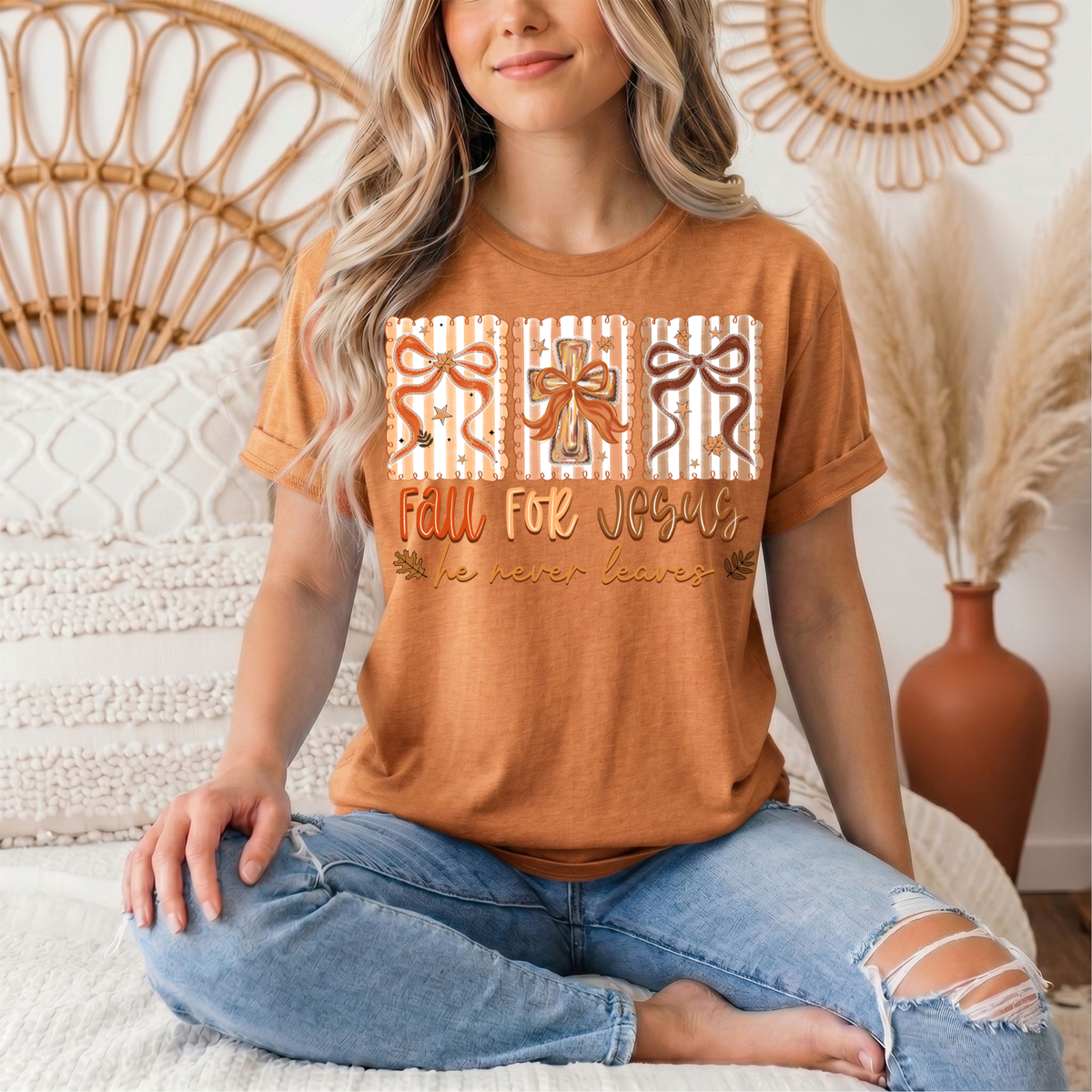 Fall for Jesus He Never Leaves Christian Graphic Tee