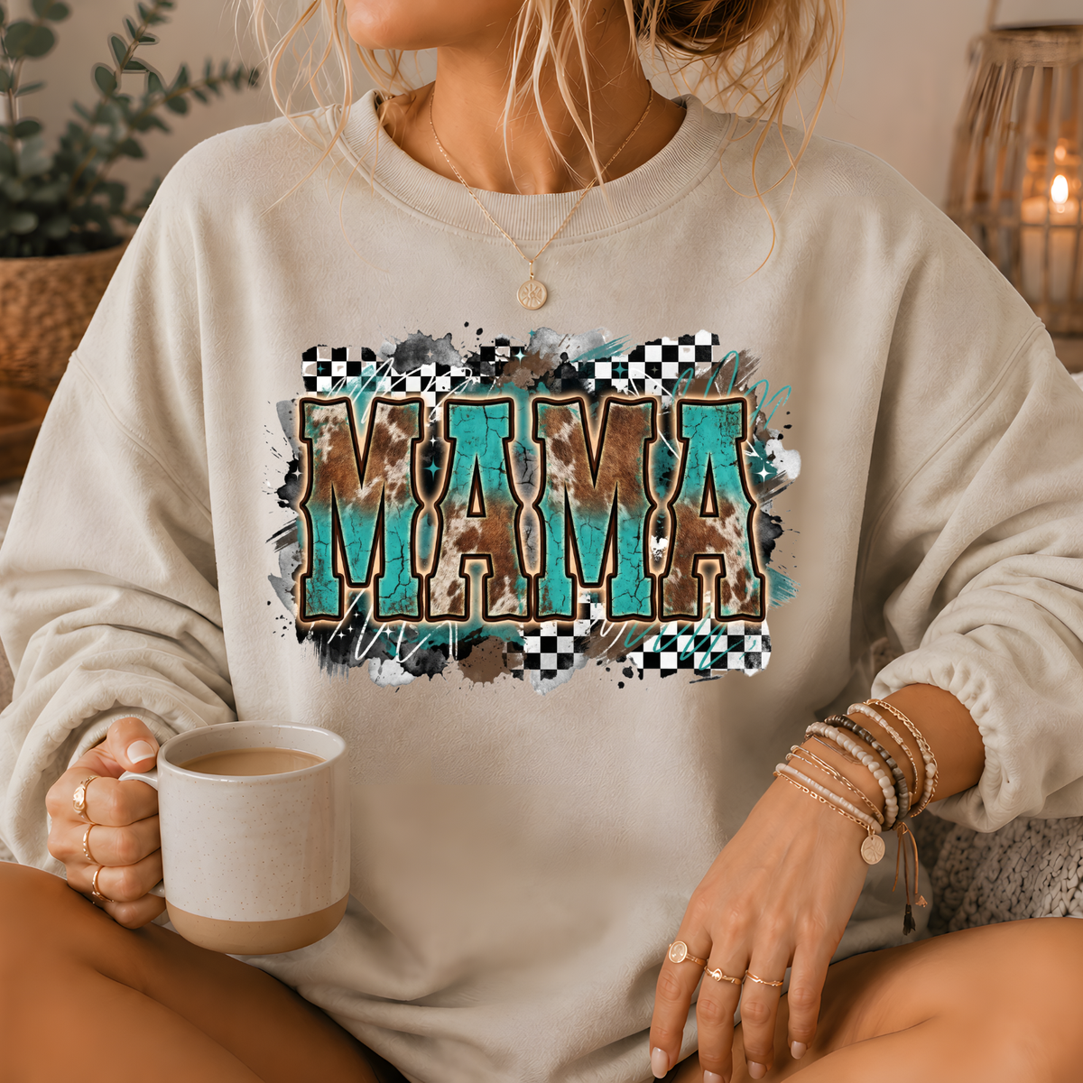 Mama Turquoise Cow Print Western Crewneck Sweatshirt