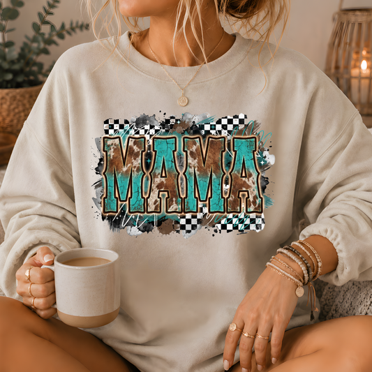 Mama Turquoise Cow Print Western Crewneck Sweatshirt