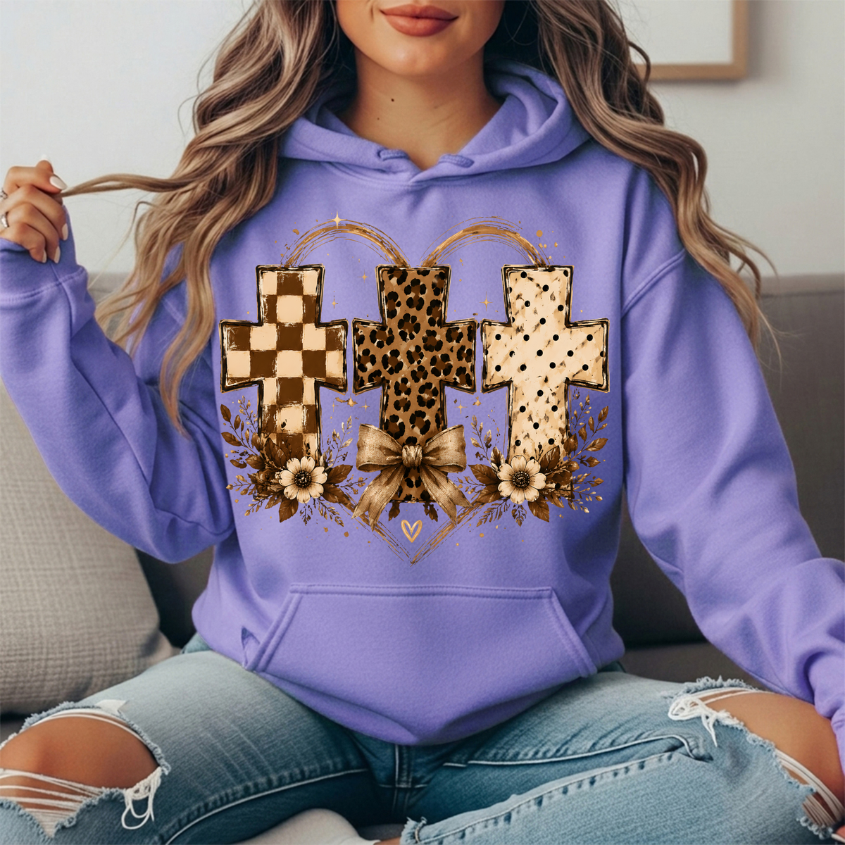 Three Crosses Leopard Floral Bow Graphic Hoodie