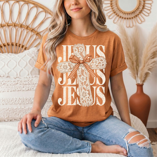 Jesus Lace Cross & Gingham Bow Christian Graphic Tee