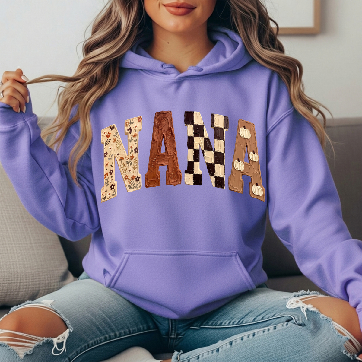 Nana Fall Floral, Checkerboard & Pumpkin Graphic Hoodie