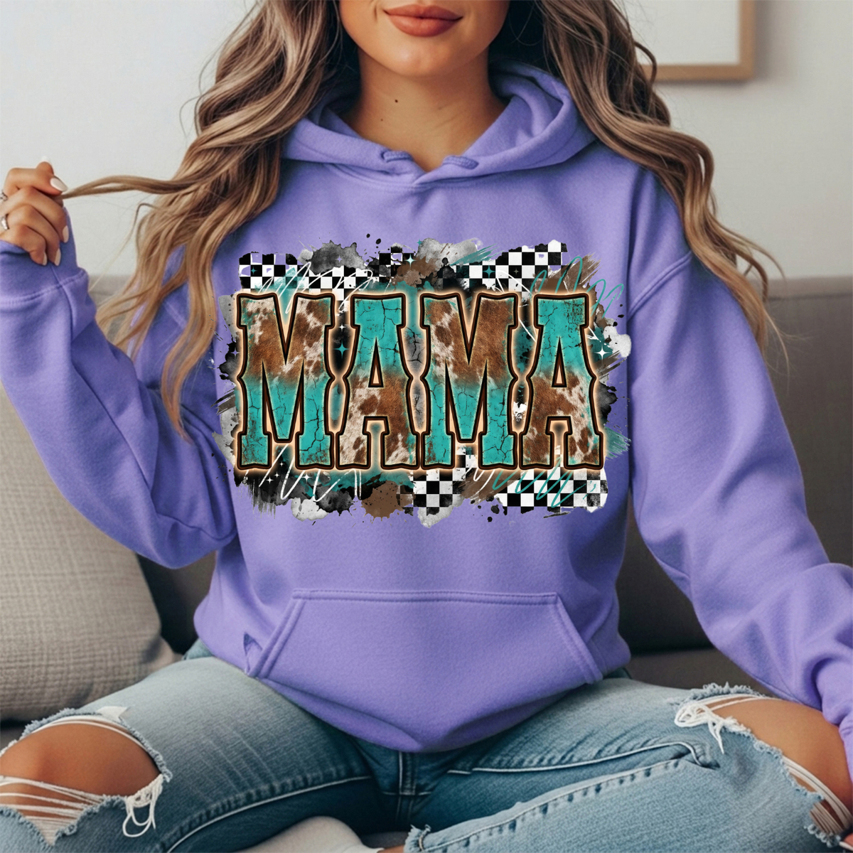Turquoise Cowhide Mama Western Graphic Hoodie