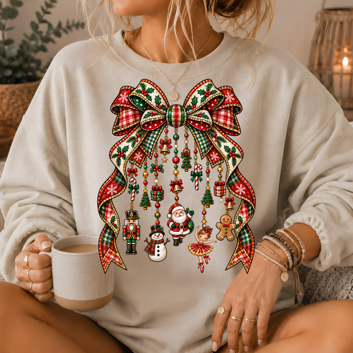 Christmas Plaid Bow Holiday Charms Crewneck Sweatshirt