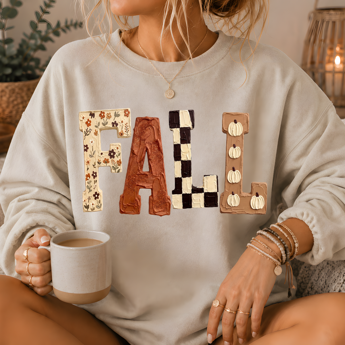 Fall Patchwork Print Crewneck Sweatshirt