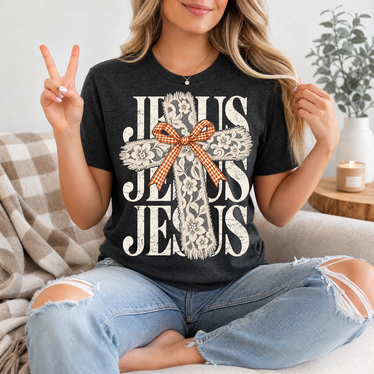 Jesus Lace Cross & Gingham Bow Christian Graphic Tee