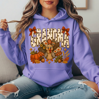 Grandma Thanksgiving Patchwork Turkey Bow Graphic Hoodie