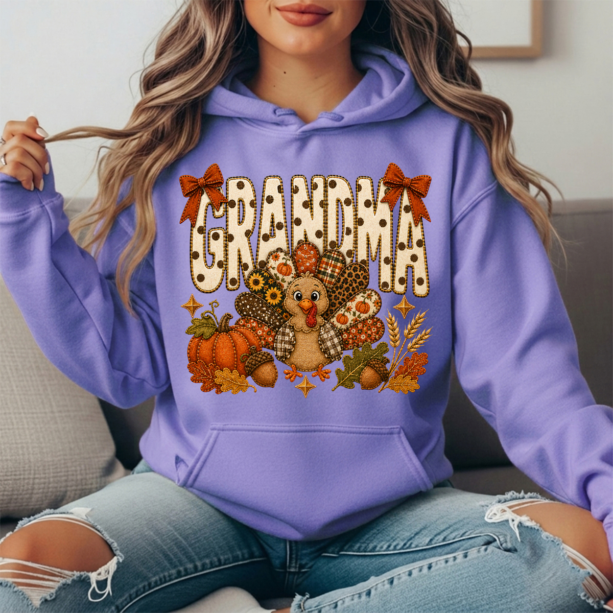 Grandma Thanksgiving Patchwork Turkey Bow Graphic Hoodie