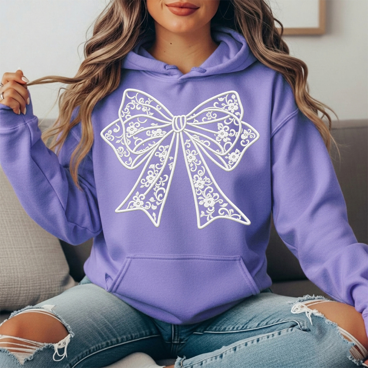Floral Lace Bow Graphic Hoodie