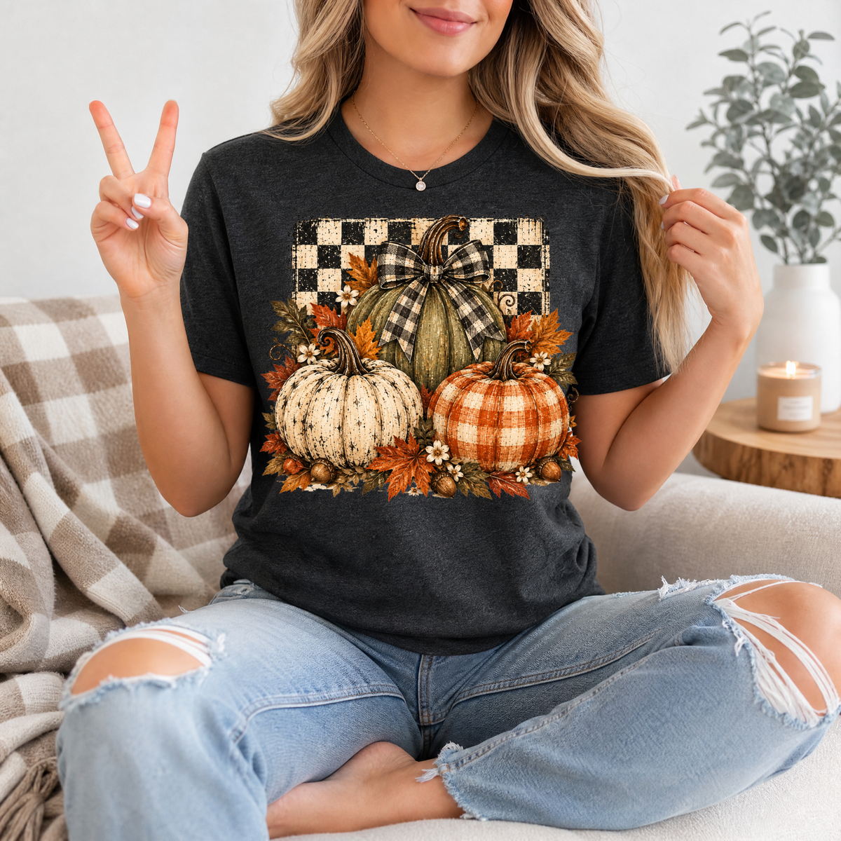Rustic Fall Pumpkin Trio & Gingham Bow Graphic Tee