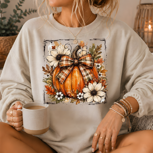 Pumpkin Plaid Bow Floral Crewneck Sweatshirt