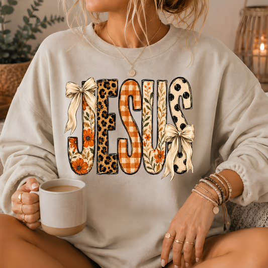 Jesus Mixed Print Bow Crewneck Sweatshirt