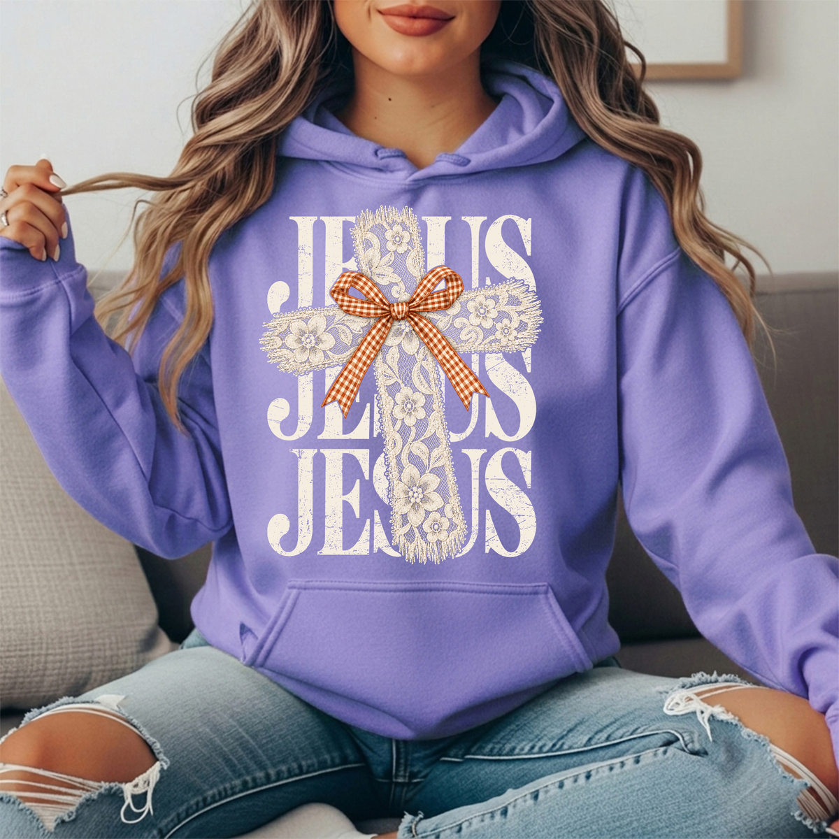 Jesus Floral Lace Cross & Gingham Bow Graphic Hoodie