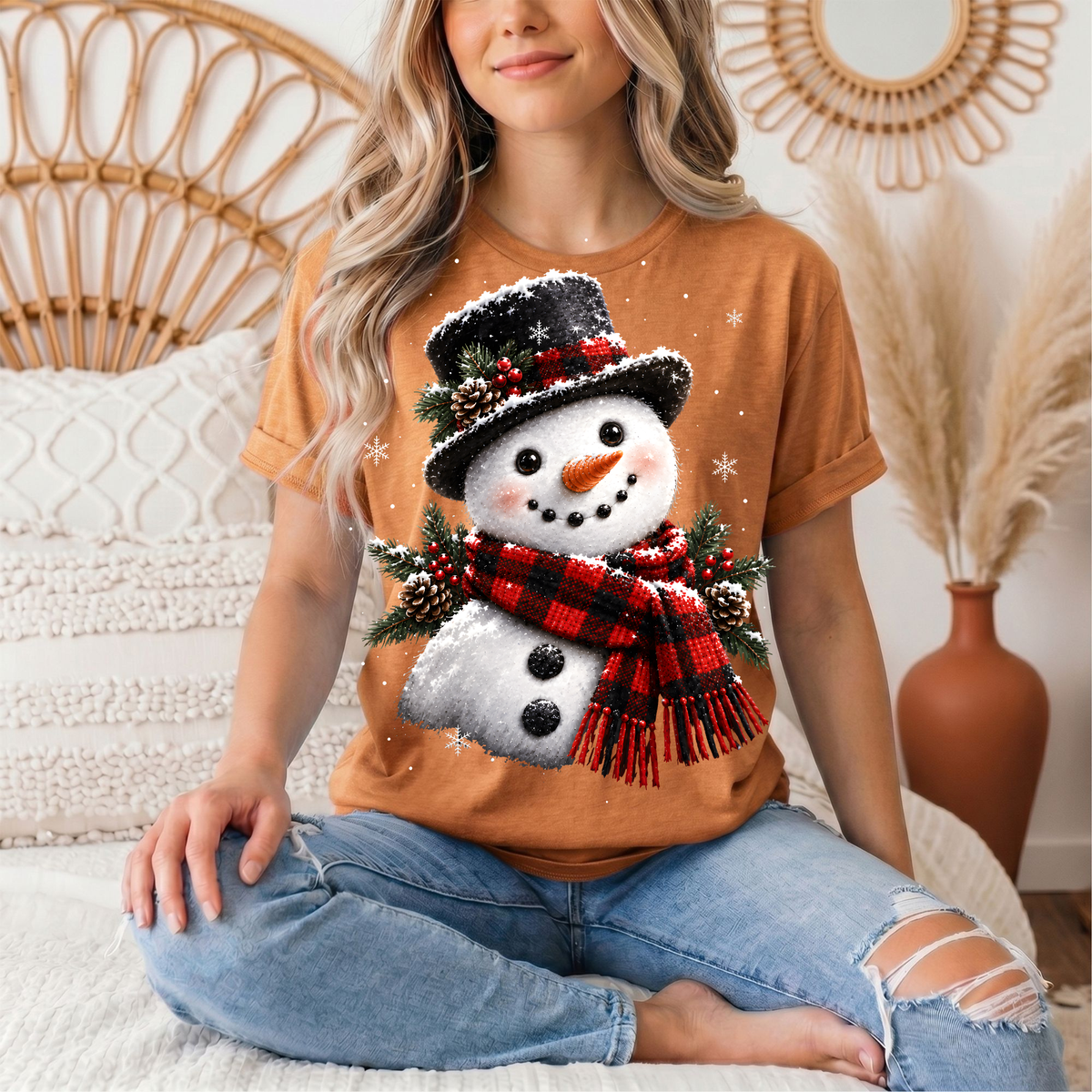 Snowman Buffalo Plaid Scarf Christmas Graphic Tee