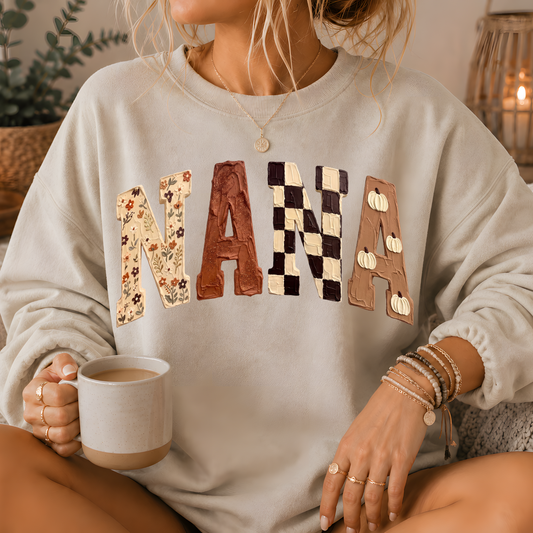 Nana Fall Patchwork Print Crewneck Sweatshirt