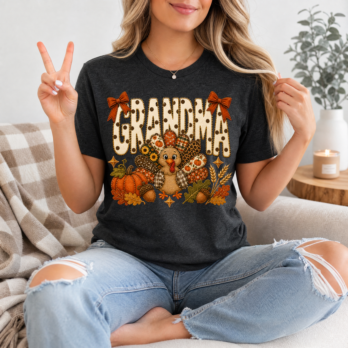 Grandma Thanksgiving Turkey & Bow Graphic Tee