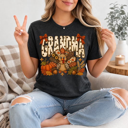 Grandma Thanksgiving Turkey & Bow Graphic Tee