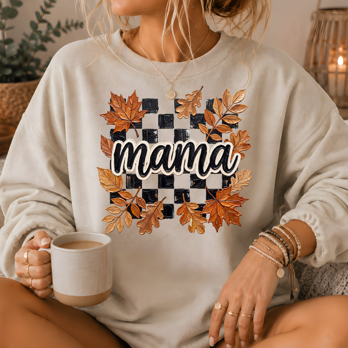 Mama Fall Leaves Checkerboard Crewneck Sweatshirt