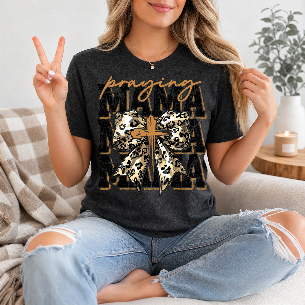 Praying Mama Leopard Bow & Cross Graphic Tee