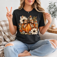 Fall Pumpkin Floral & Plaid Bow Graphic Tee