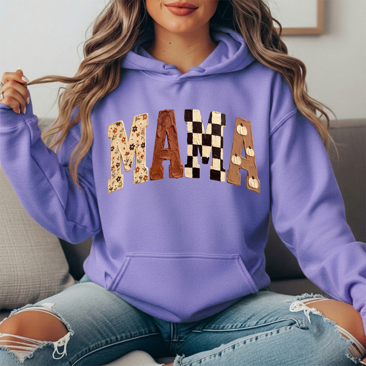 Mama Fall Floral, Checkerboard & Pumpkin Graphic Hoodie