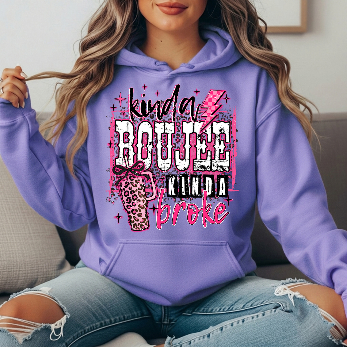 Kinda Boujee Kinda Broke Pink Leopard Graphic Hoodie