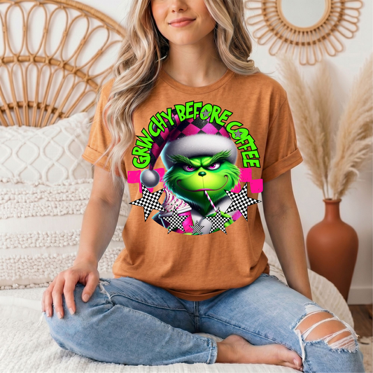 Grinchy Before Coffee Pink Checkerboard Christmas Graphic Tee