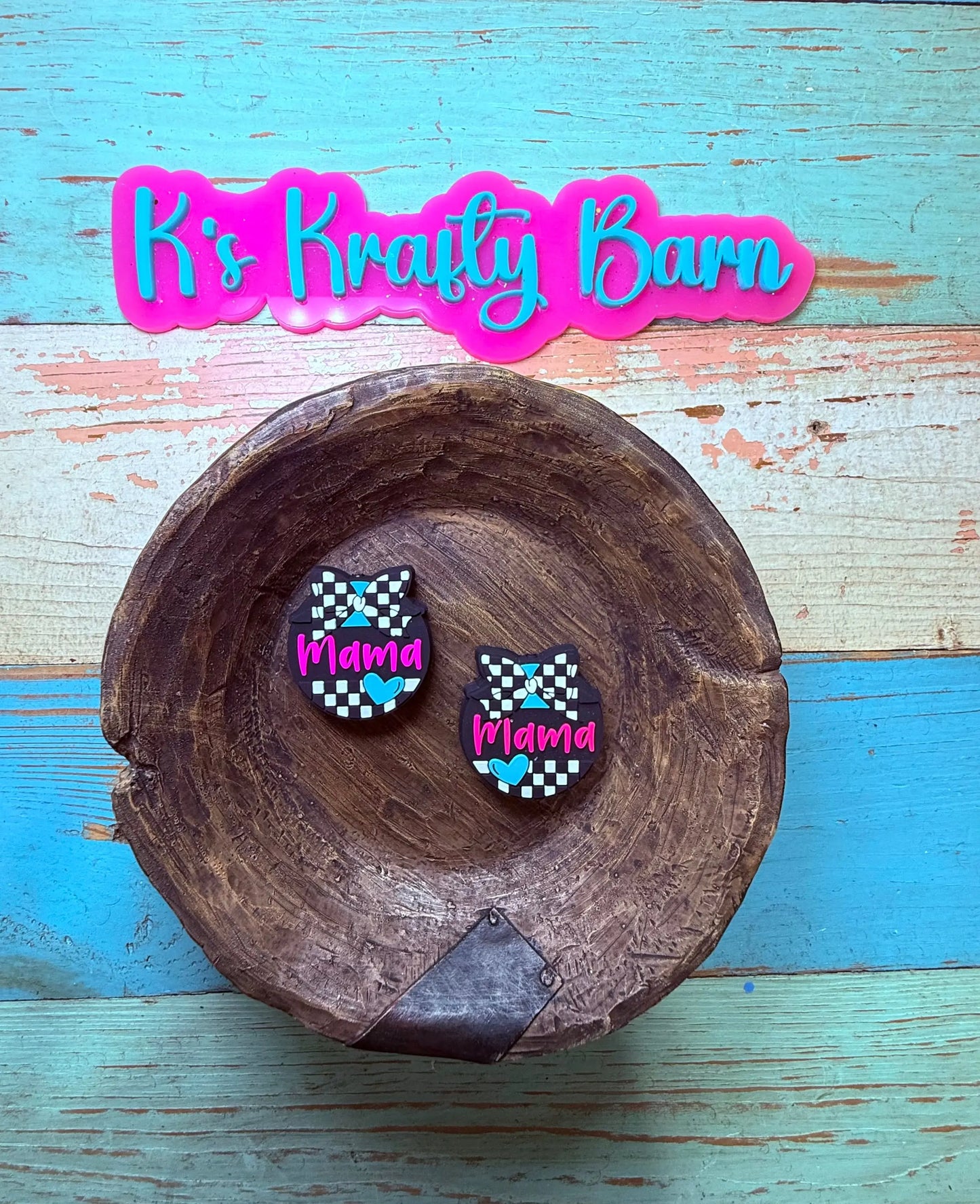 Silicone Focal Bead- Mama Checkered bow K's Krafty Barn