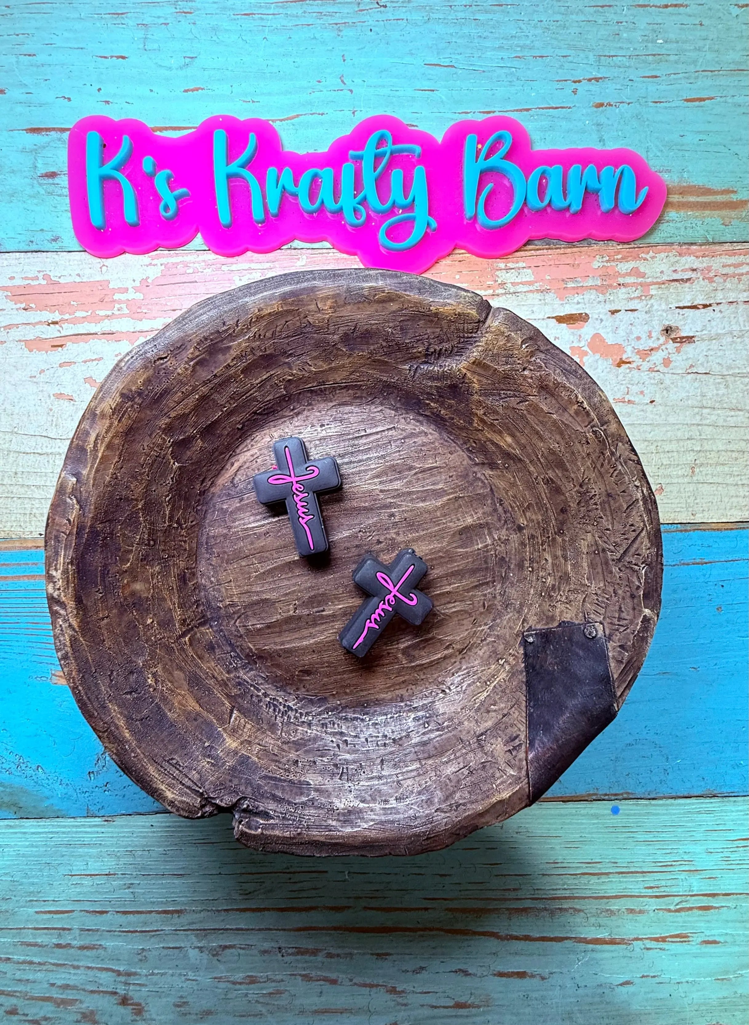 Silicone Focal Bead- Black cross with pink Jesus K's Krafty Barn