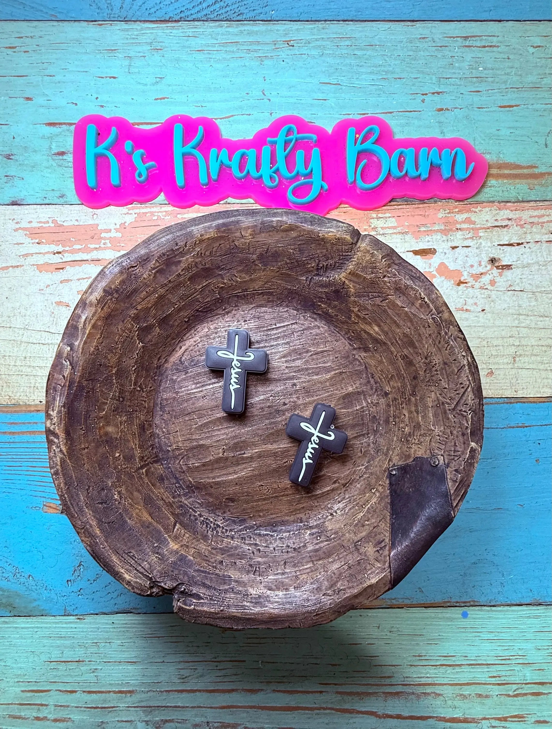 Silicone Focal Bead- Black cross with white Jesus K's Krafty Barn