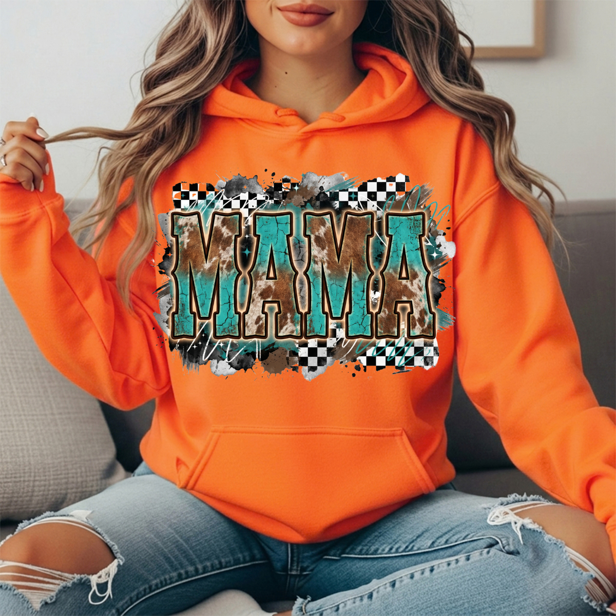 Turquoise Cowhide Mama Western Graphic Hoodie
